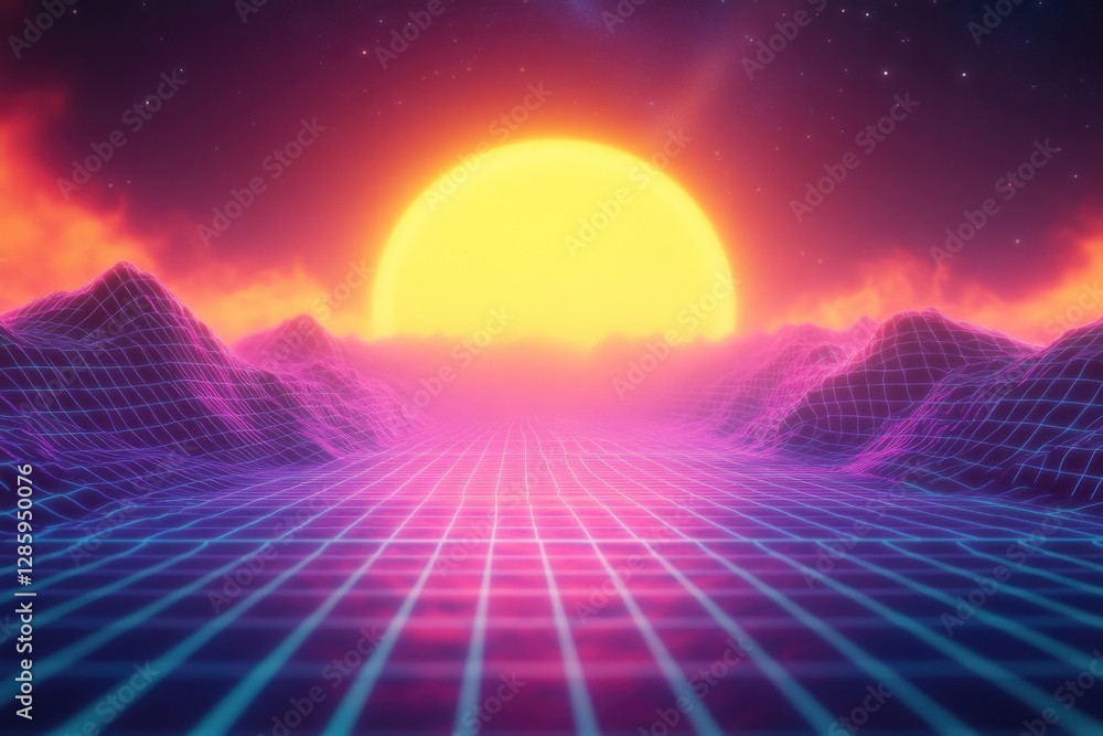 Aufkleber a computer screen displaying a digital landscape as the sun sets behind it