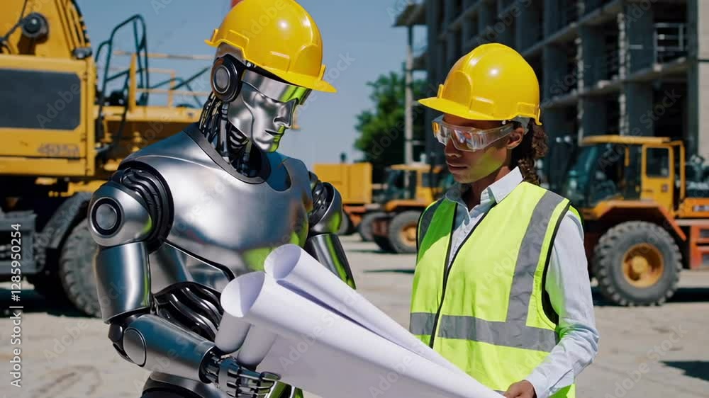 Poster Collaborative engineering between a humanoid robot and a female engineer reviewing blueprints on a construction site, captured in slow motion
