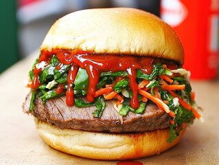 Pulled pork burger with coleslaw, BBQ sauce dripping, served on a soft brioche bun