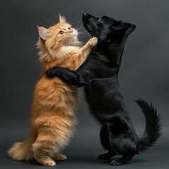 Obraz premium Playful cat and dog standing on hind legs, appearing to dance together on a gray background.