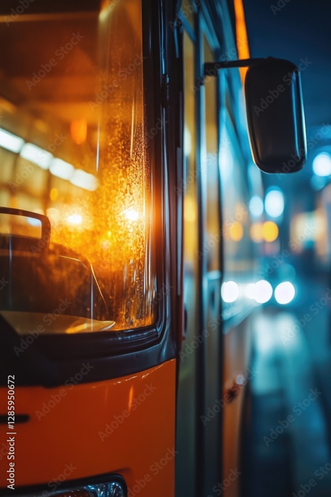 Poster a close-up shot of a bus window at night with city lights in the background