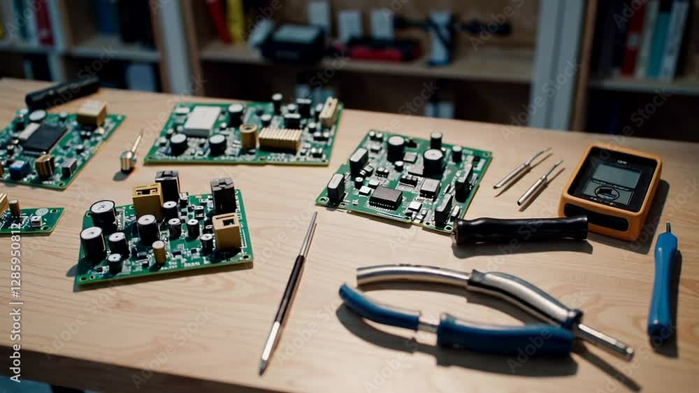 Aufkleber Professional workspace displaying scattered electronic components and precision engineering tools arranged on rustic wooden surface during research and development process