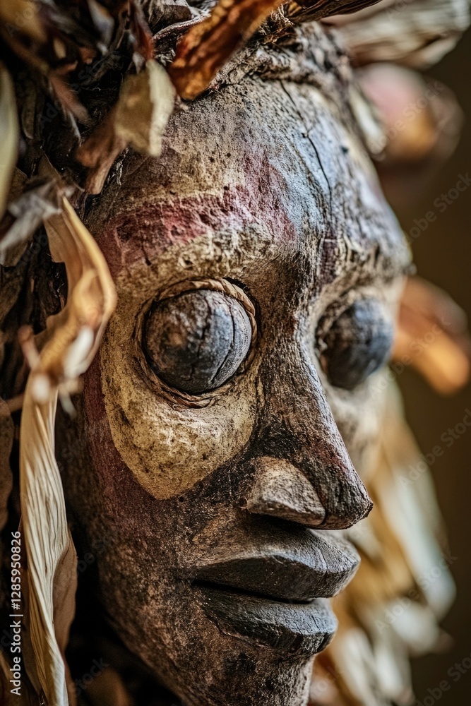 Poster close-up view of a statue featuring a person wearing a distinctive headdress, suitable for use in hi