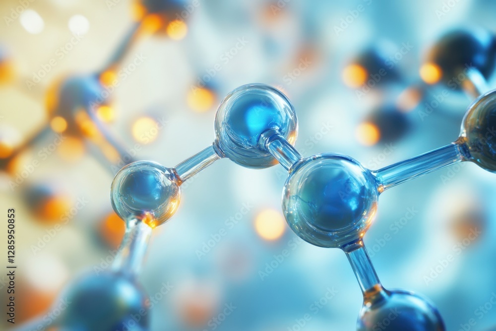 Poster exploring the intricate world of molecular structures illuminated by soft blue and orange lights. ge