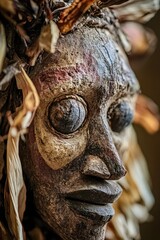 Close-up view of a statue featuring a person wearing a distinctive headdress, suitable for use in historical or cultural settings