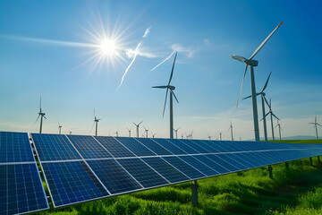 Solar panels in a green field with wind turbines under a bright sunny sky, showcasing renewable energy