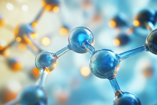 Exploring the intricate world of molecular structures illuminated by soft blue and orange lights. Generative AI