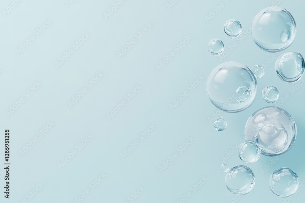 Poster clear bubbles float gracefully against a soft blue background, creating a serene and tranquil atmosp