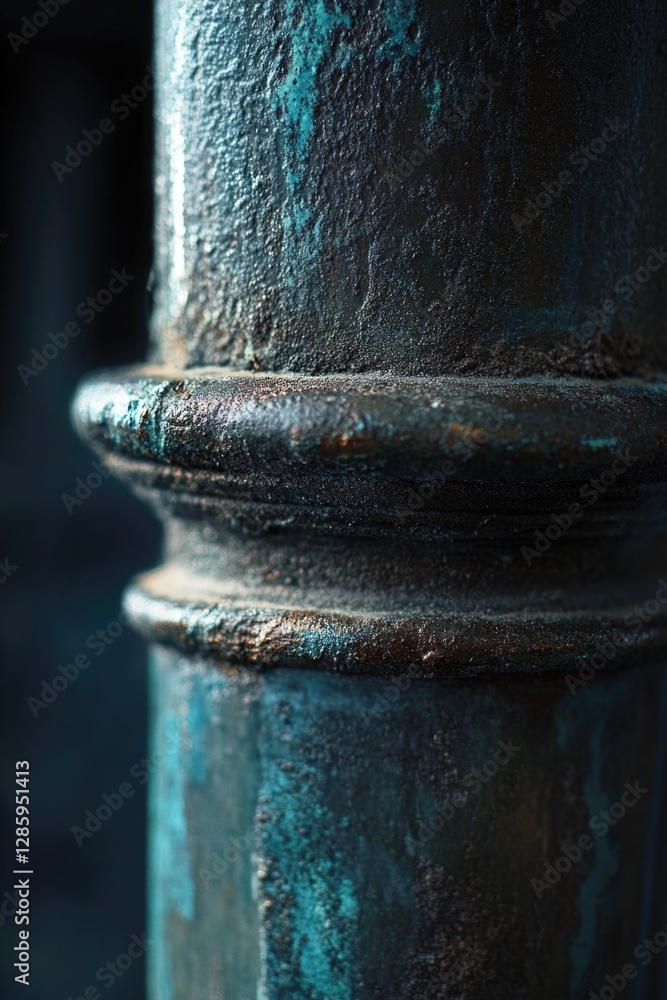 Poster a close-up shot of a rusty metal pole with a worn texture and signs of aging