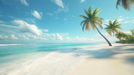 A beautiful tropical beach scene with palm trees and blue sky