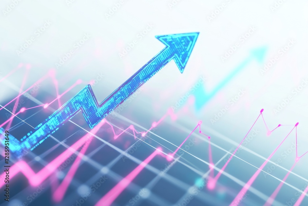 Poster an illustration of a blue arrow pointing upwards on a graph board, indicating an increase in trend o