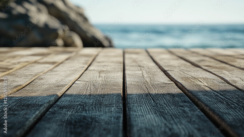Poster a close-up of a weathered wooden deck overlooking the ocean, suitable for use in coastal-themed desi