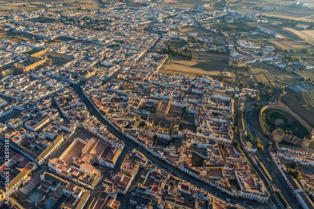 Poster aerial view of a bustling metropolis with numerous skyscrapers and urban infrastructure