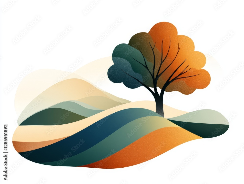 Poster abstract artistic landscape with rolling hills and stylized trees in warm earthy tones creating tran