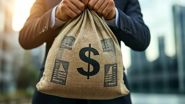An entrepreneur is seen lifting a huge money bag for financial and business ideas.