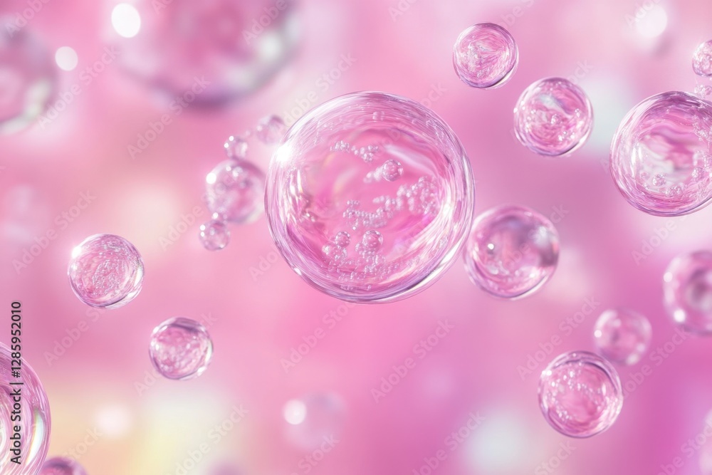 Poster bubbles floating in a dreamy pink background create a whimsical atmosphere in the soft light of a se