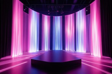 modern minimalist stage design with geometric light sculptures cascading fiber optic curtains in deep indigo and rose quartz