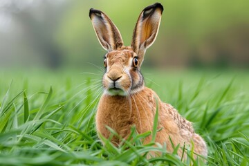 Obraz premium A European hare sits alertly in a field of vibrant green grass, its long ears and whiskers prominent.