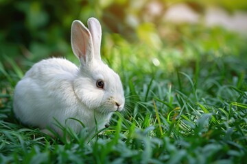 Fototapeta premium Adorable white rabbit enjoying a meal of fresh green grass in a sunny meadow.