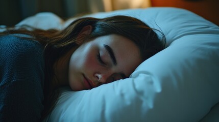 A person resting peacefully on a pillow in a dimly lit room