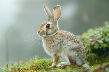 Fototapeta premium A cute wild rabbit sitting amidst lush green moss, in a soft-focus natural background.