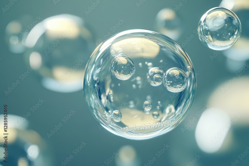 Poster bubbles floating through the air, reflecting light in a serene and calming atmosphere. generative ai