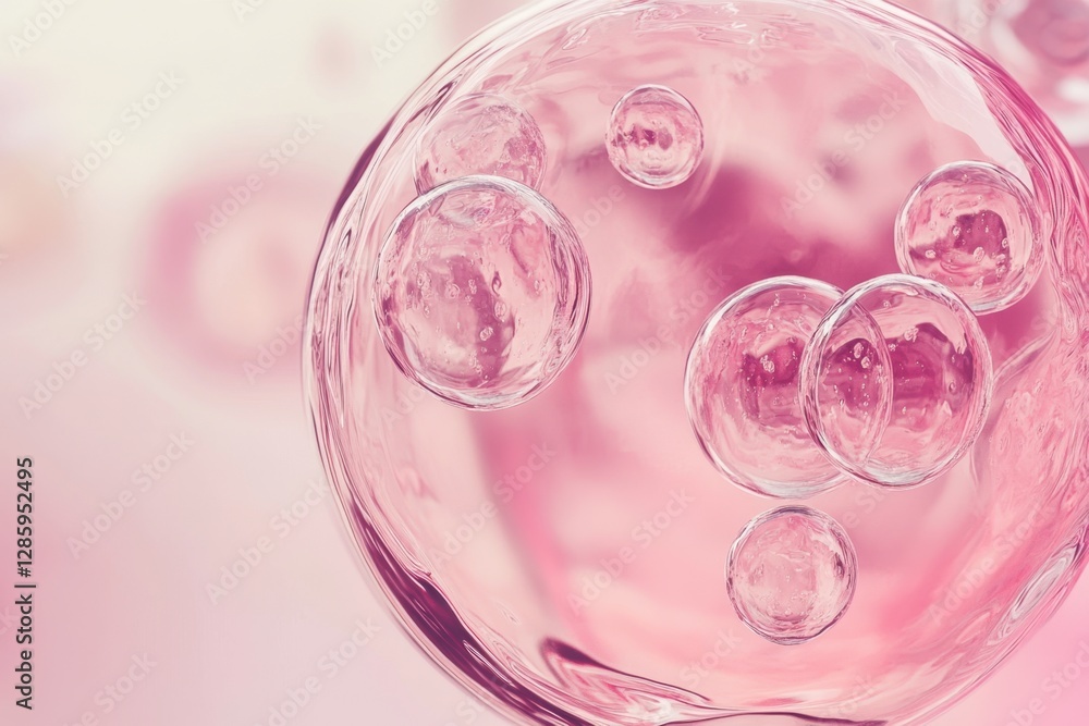 Poster embracing the delicate dance of bubbles in a soft pink atmosphere filled with light and serenity. ge