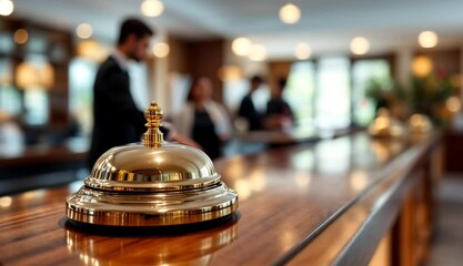 A polished hotel bell gleams on a wooden counter, with staff attending to guests in the background.

