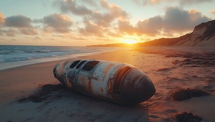 Derelict shipwrecked plane sits on a sandy beach at sunset