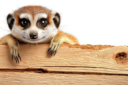 Meerkat peeking over wooden log.