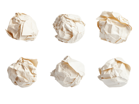 Six crumpled pieces of white paper on a Transparent Background