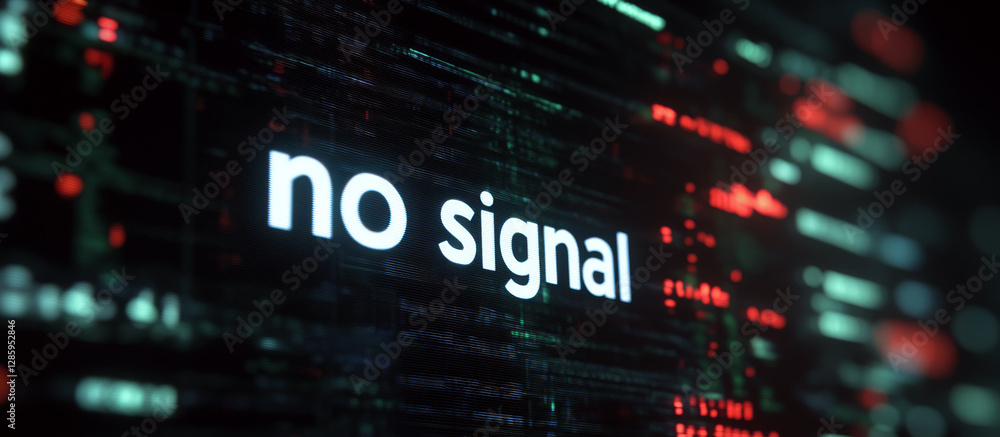 Poster no signal text glows amid blurred digital data and lights. concept of connectivity loss and technolo