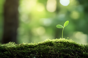 Young plant sprout growing on mossy ground in a forest, with copy space for text