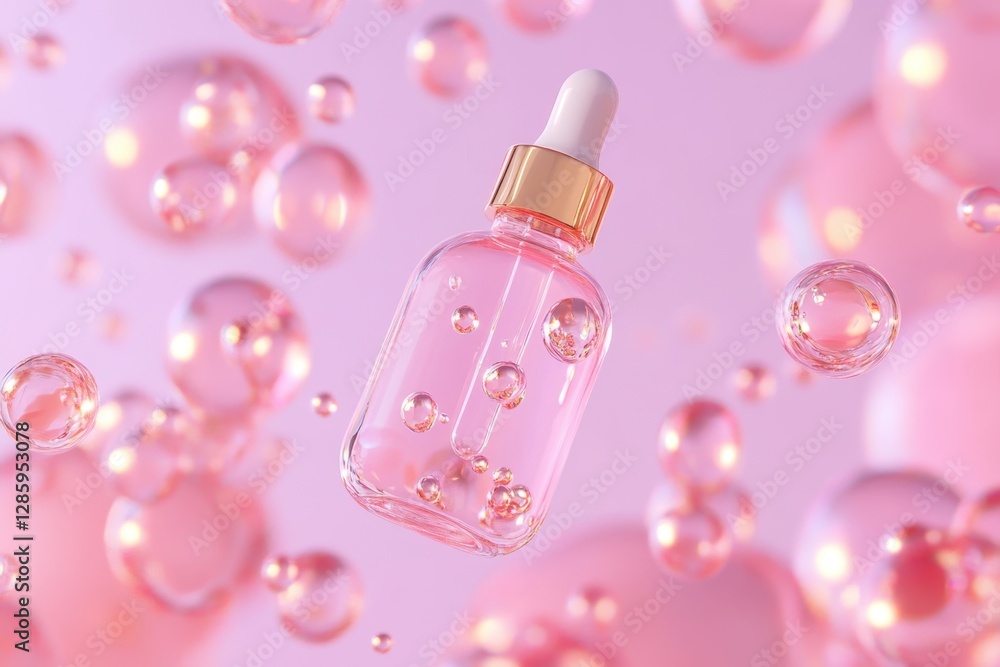 Poster floating beauty elixir surrounded by shimmering bubbles in soft pink tones for a calming skincare ex