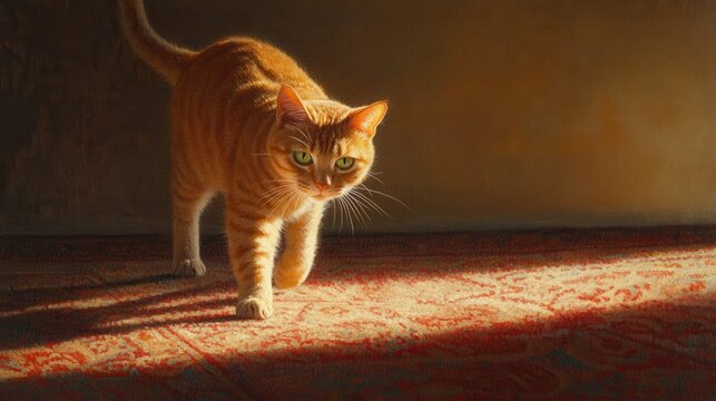 Orange tabby cat walking on a carpet, illuminated by warm sunlight.
