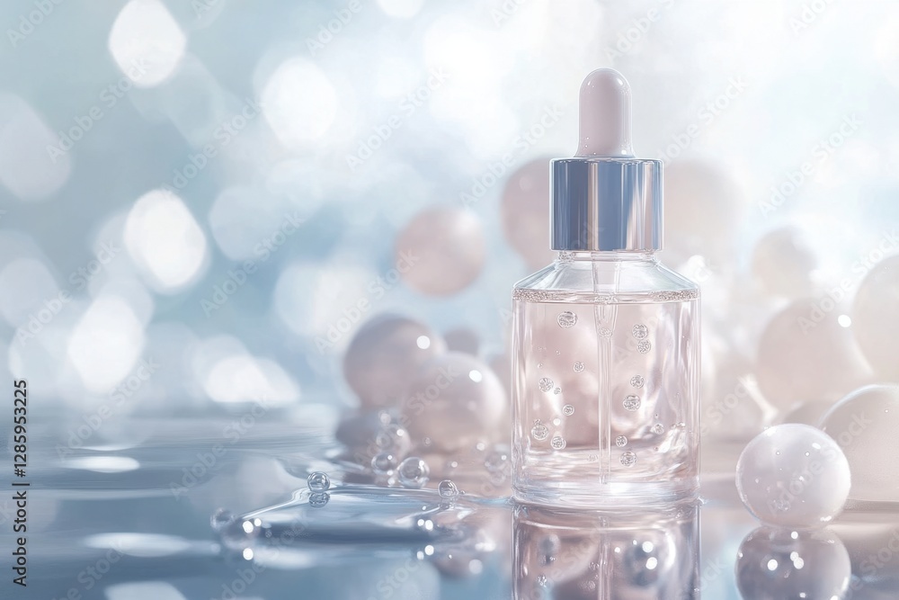 Poster brightly illuminated serum bottle surrounded by shimmering pearls and soft bokeh in a tranquil setti