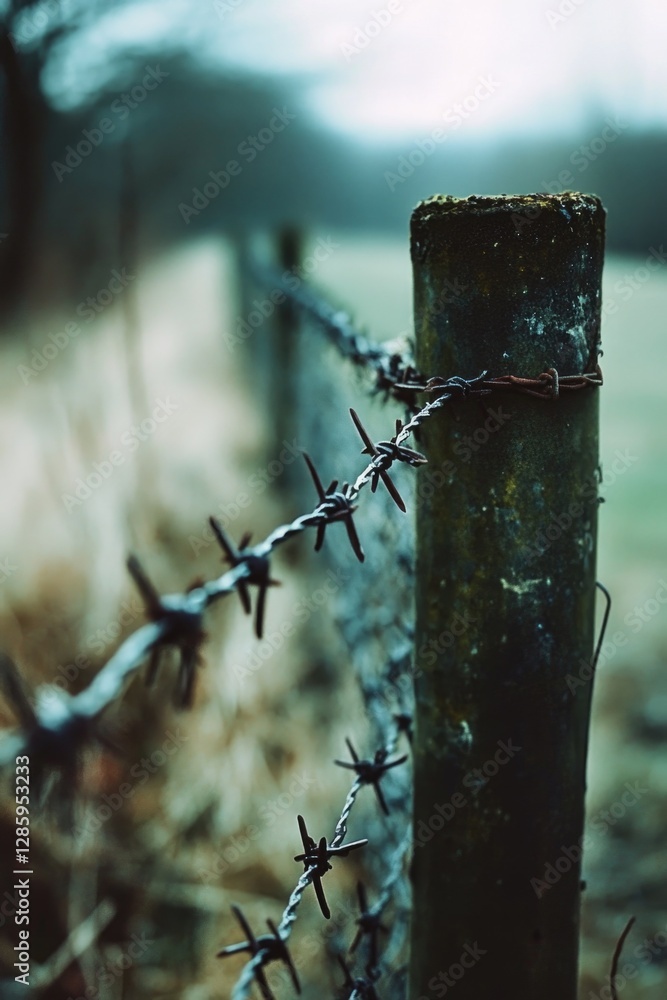 Poster A close-up view of a barbed wire fence with sharp edges and points