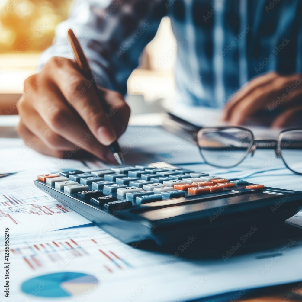 Poster a person working with a calculator on a desk