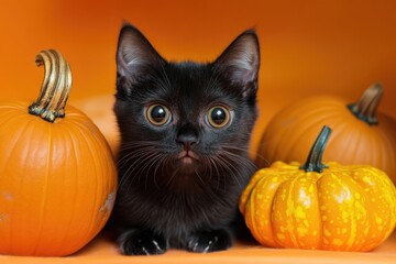 A small black kitten is sitting among pumpkins on a table, perfect for autumn or Halloween-themed images