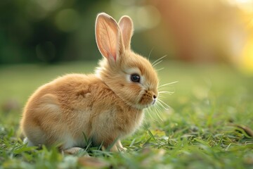 Fototapeta premium Adorable orange bunny rabbit sitting in green grass, bathed in sunlight.