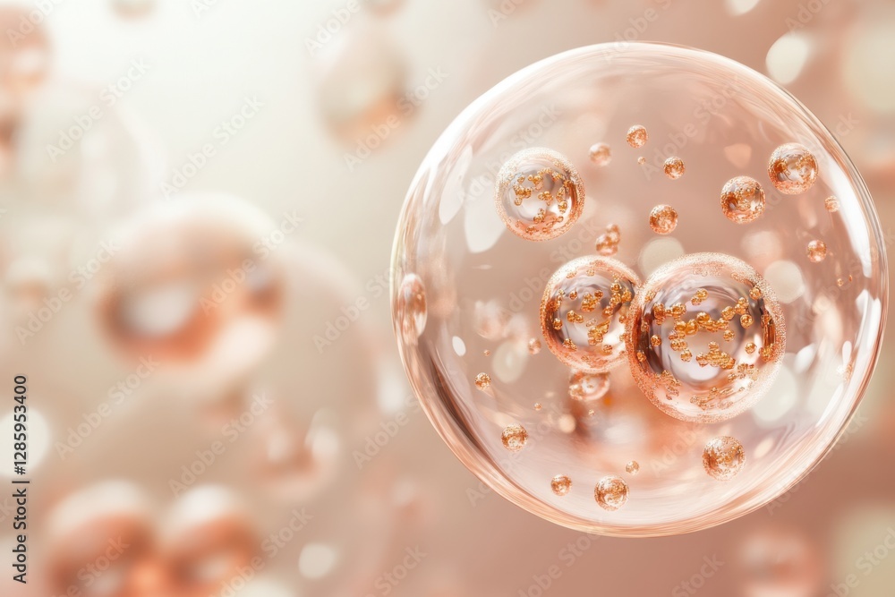 Poster bubbles glimmer with golden flecks in a delicate dance of light and transparency, creating ethereal 