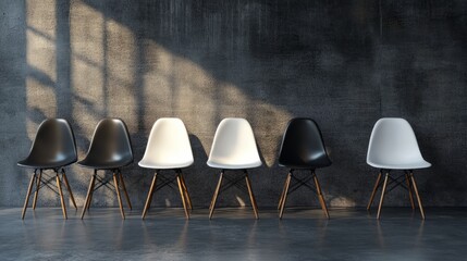 Single white chair in black chair lineup, grey industrial background, 3D render, business theme 