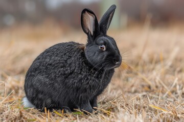 Fototapeta premium A black rabbit sits in dry grass, its fur thick and dark, showcasing its alertness and beauty.