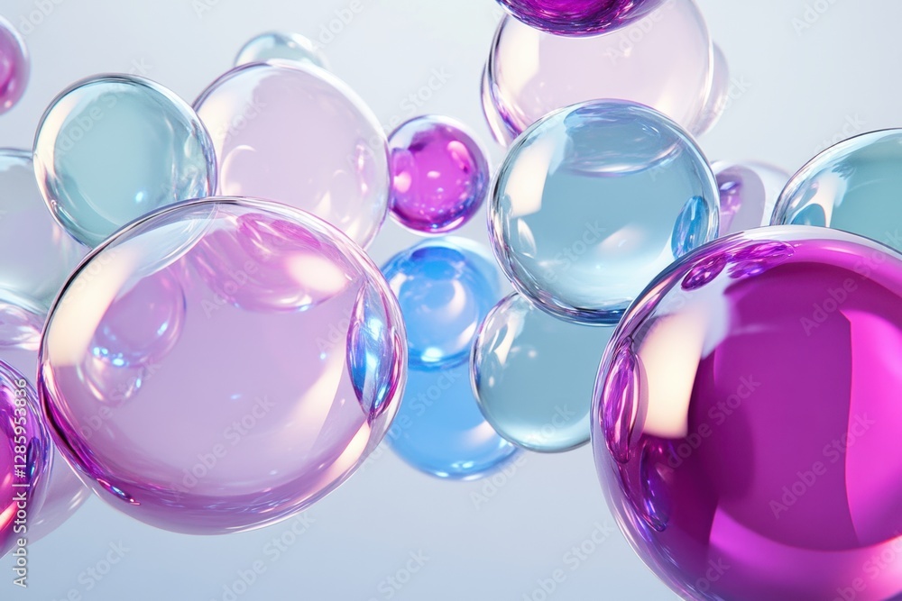 Poster colorful bubbles float in a serene atmosphere, creating a whimsical and dreamlike effect in bright d