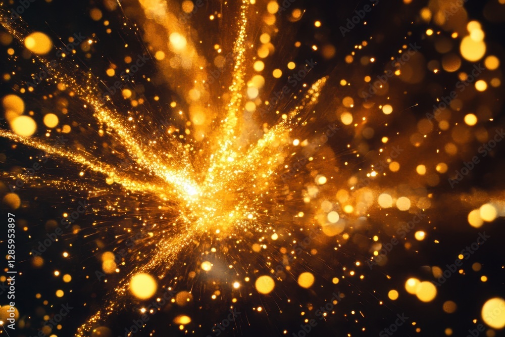 Poster radiant golden sparks bursting through the darkness in a mesmerizing display of light and energy. ge