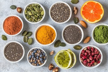 Group of bowls filled with various spices and herbs, ideal for food styling or culinary concept images