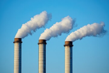Industrial smoke stacks rising above a building