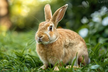 Fototapeta premium An adorable brown rabbit sits in lush green grass, enjoying the sunny outdoors.