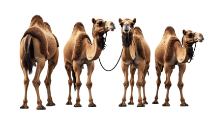 dromedary camel in multiple poses with soft fur and brown skin, high-detail desert animal isolated on white background with cinematic lighting
