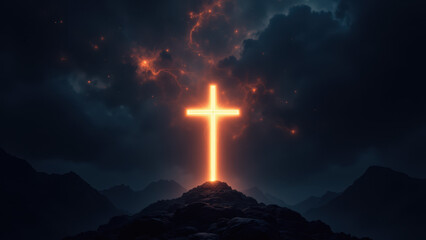 A dramatic sky with clouds over a mountainous landscape where a cross on a hillside is illuminated by a light source, symbolizing hope and faith.